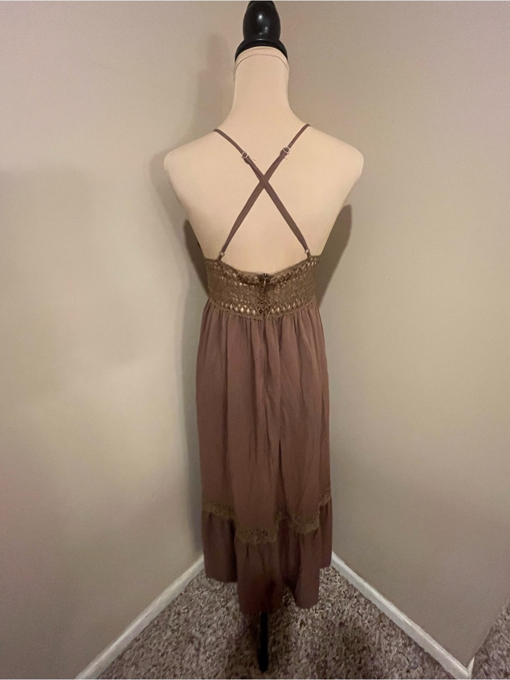 Cider Chocolate Brown Boho Crochet-Trim Maxi Dress, size Small - Picture 4 of 8